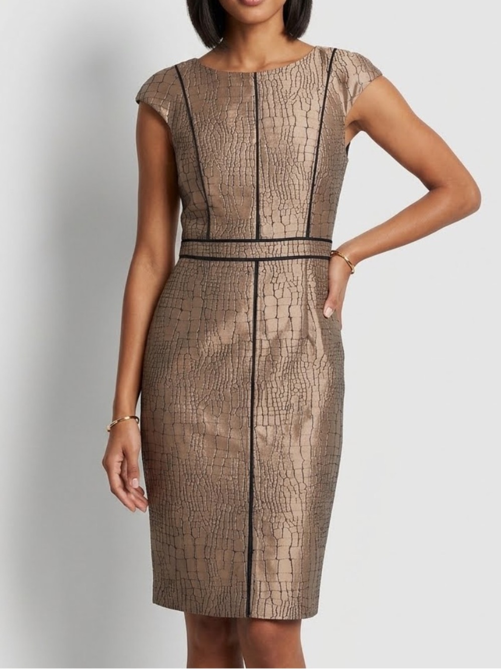 DAVID MEISTER Gold Textured Snake Print Sheath Dress Size 6